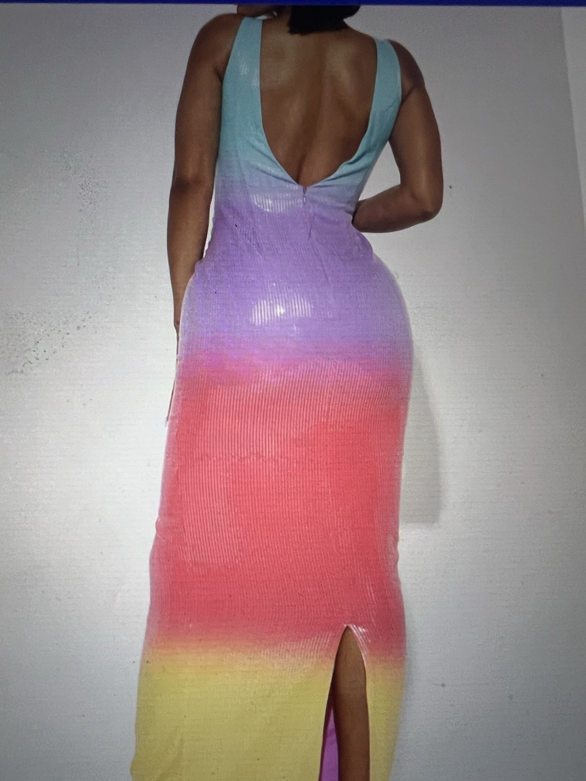 Womens Multicolor Ombre Sequin V-Neck Sleeveless Stretch Bodycon Maxi Dress S