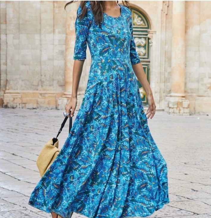 Peruvian Connection Dress Womens Sz M Blue Maldives Maxi Floral Pima Jersey