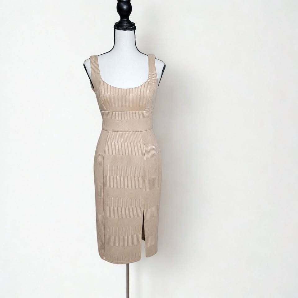 NWT Saints + Secrets Medium Nude Beige Suede Ribbed Bodycon Midi Sheath Dress
