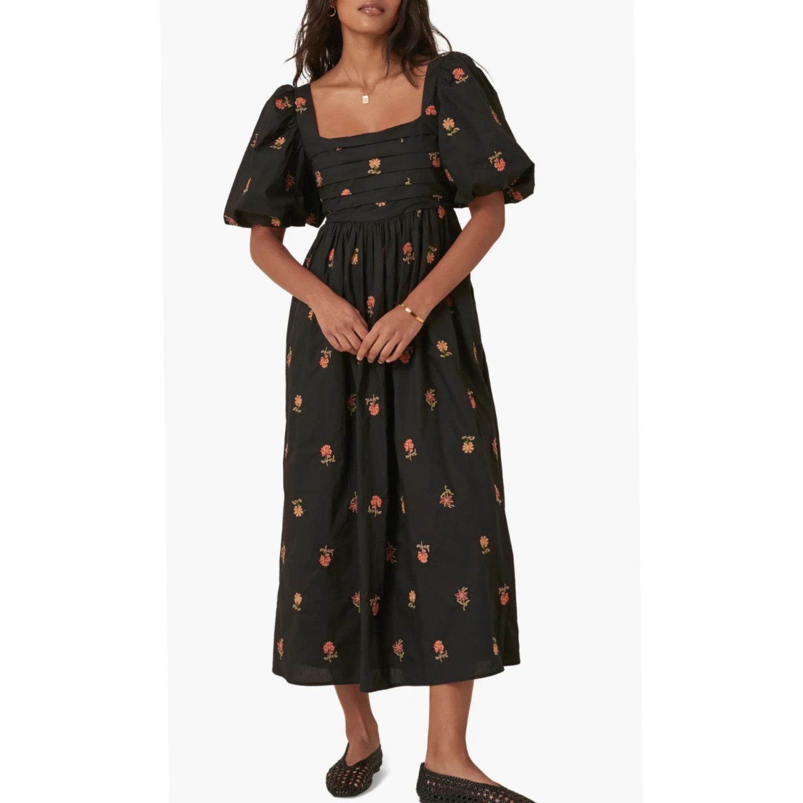 Nobody’s Child Tessie Floral Embroidery Midi Puff Sleeve Dress Black Size 10 NWT