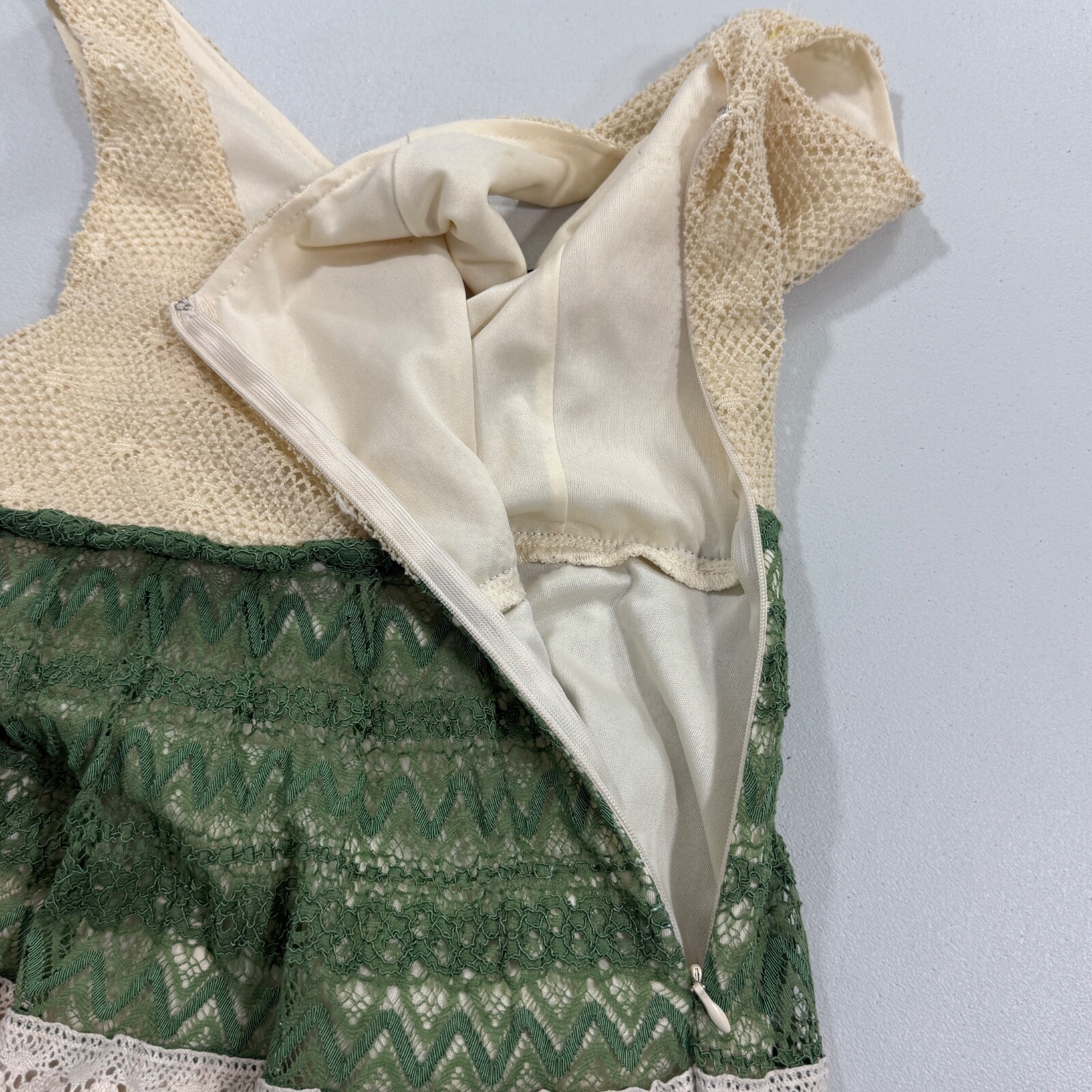 Ryu Womens Dress Small Cream Green Stripe Crochet Boho Hippie Festival Fairy