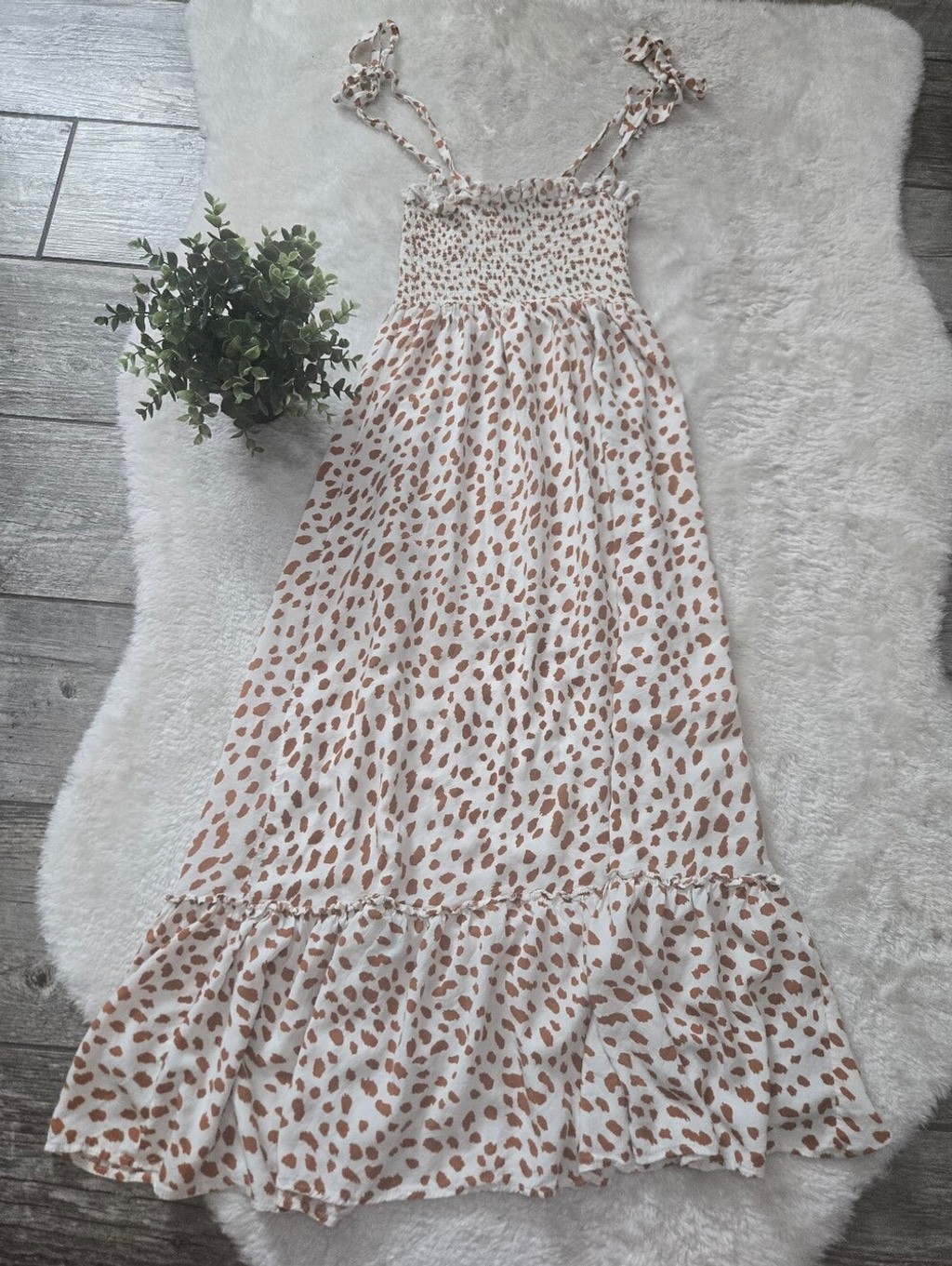 R. Vivimos Leopard Print Smocked Tie-Strap Ruffle Hem Boho Maxi-Dress, Small