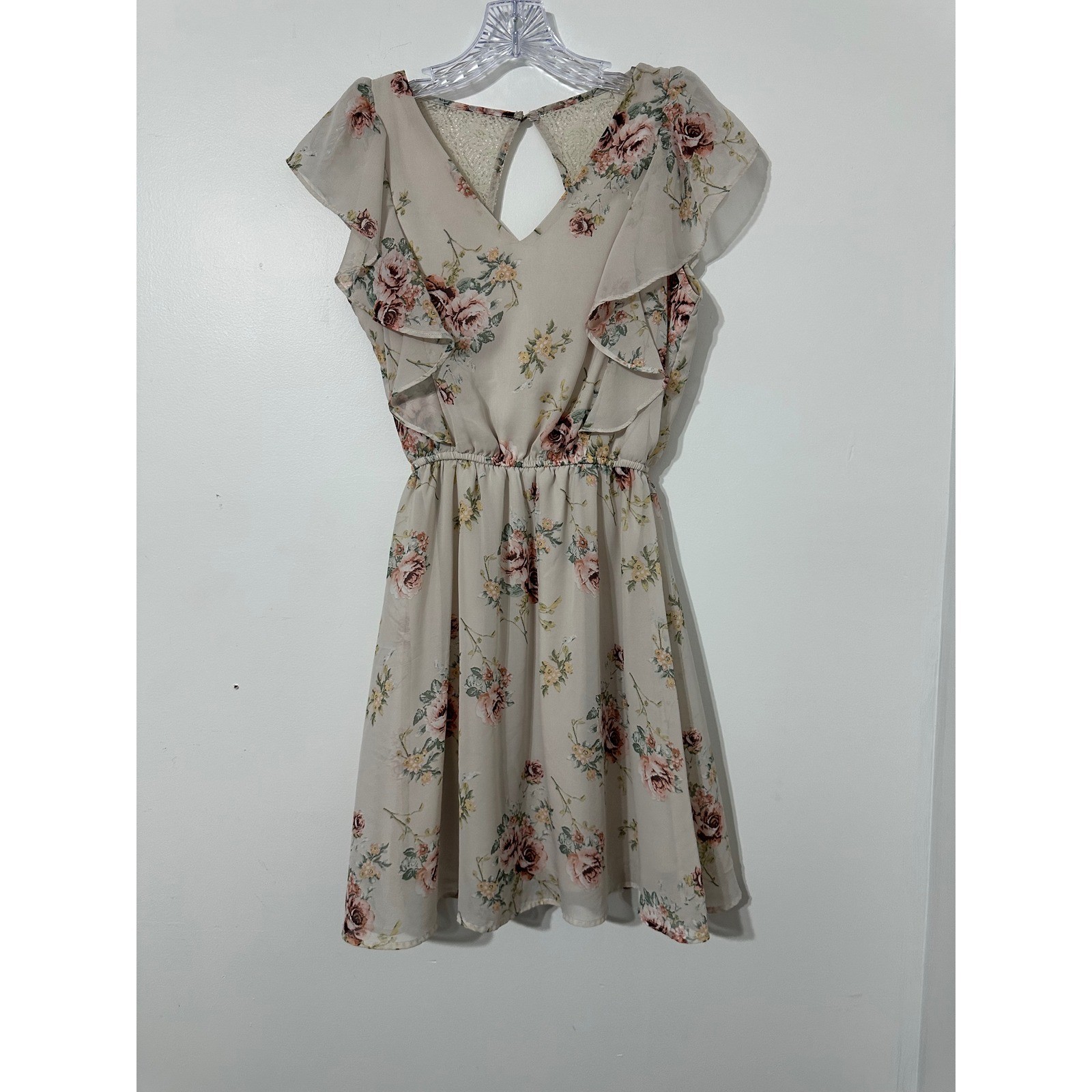 Maurices Mini Dress Womens Cream Floral Lace Back Ruffle Sleeve/Cottagecore