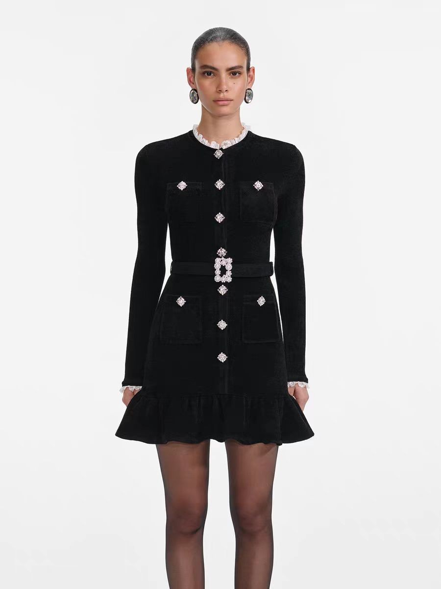 Self Portrait Velvet Knitting Diamond jewelry Long Sleeve Dresses