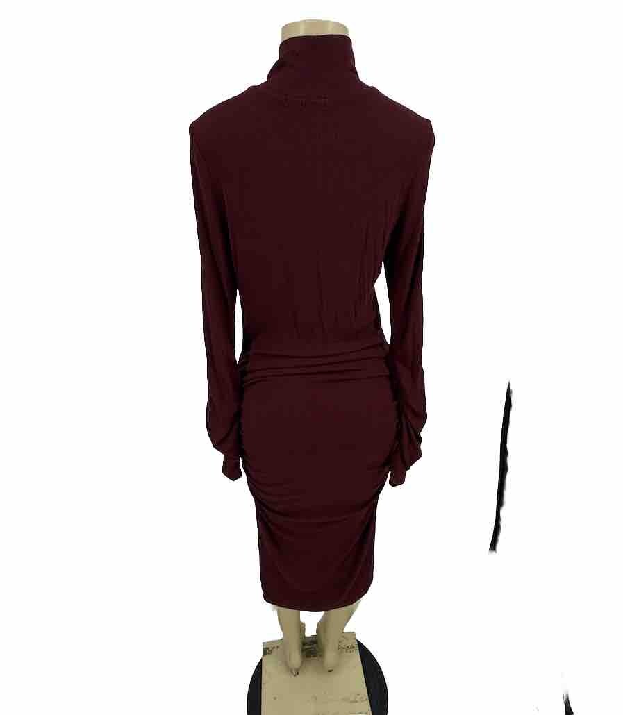 Sanctuary Wine Burgundy Bodycon Ruched Turtleneck Ribbed Midi Dress 35-23