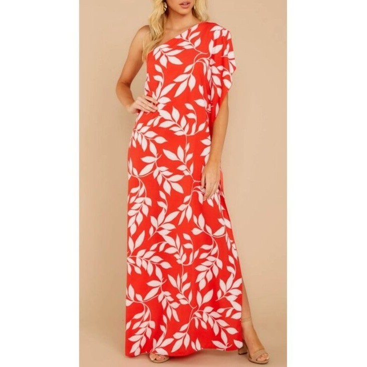 D62. Women’s Red Dress Leaf Print One Shoulder Maxi