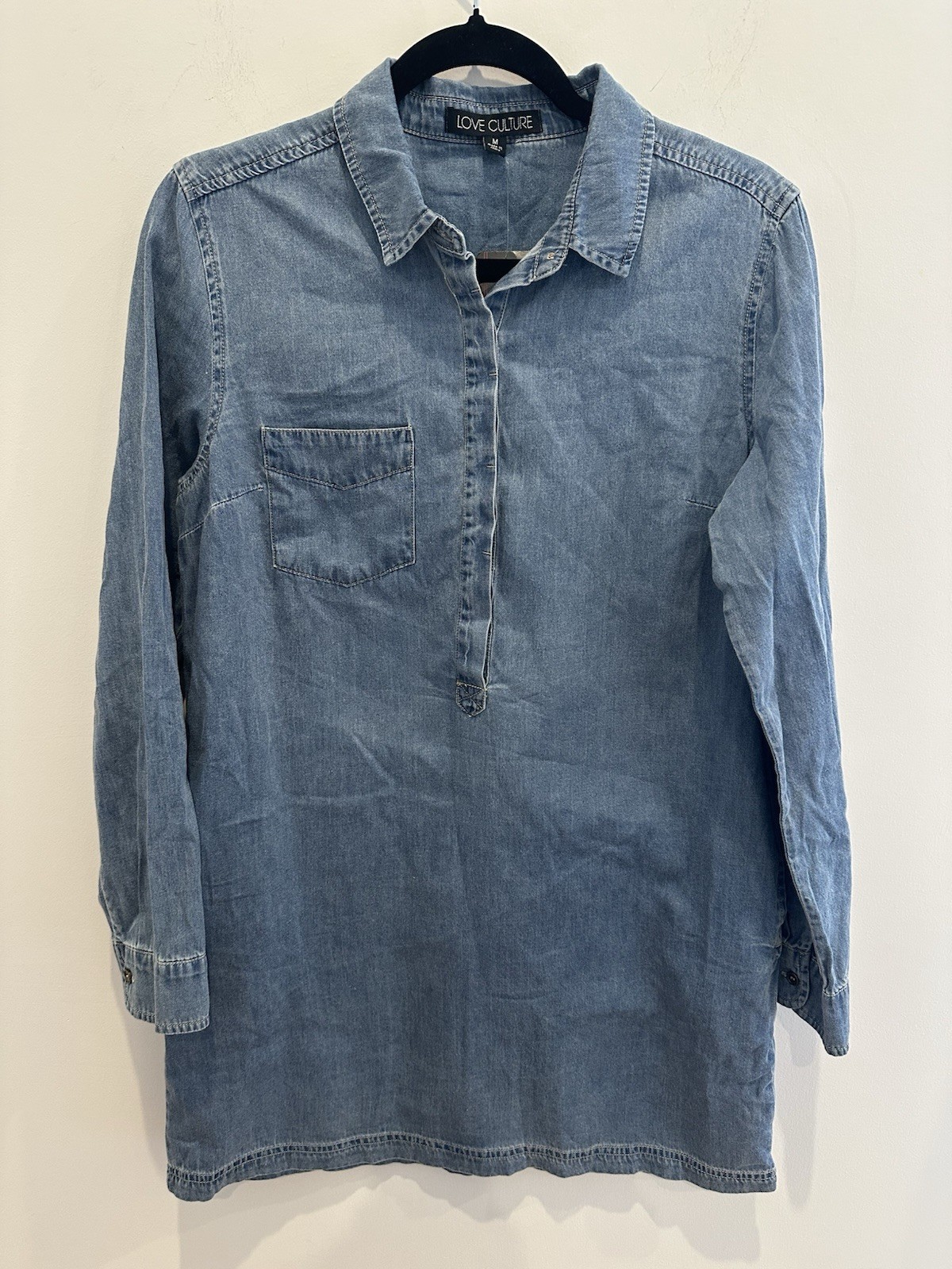 Love Culture Womens Denim Long Sleeve Mini Shirt Dress Size M 100% Cotton
