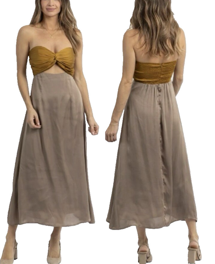 Mable Anthropologie Strapless Cut Out Satin Dress Taupe Mustard Yellow size M