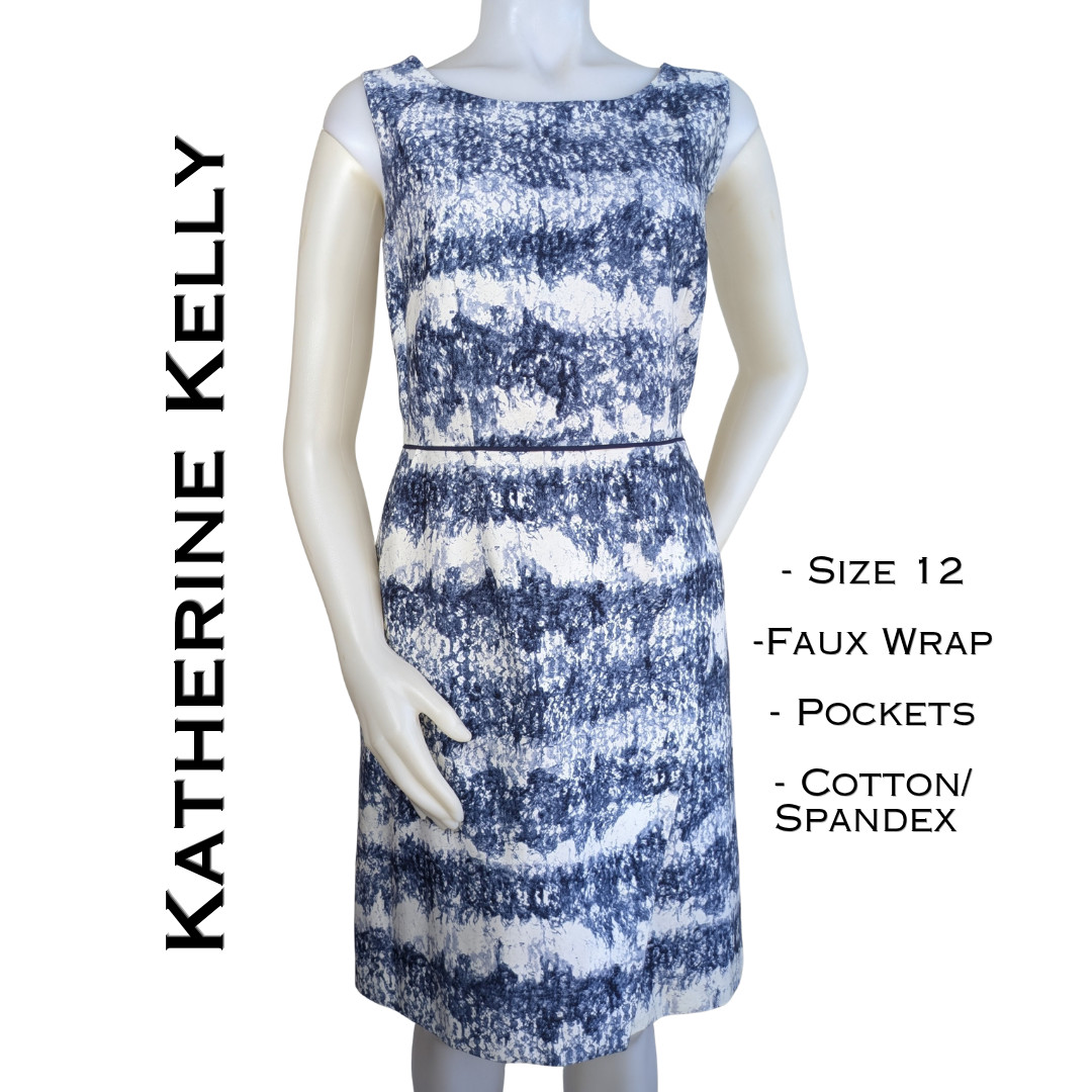 Katherine Kelly Sheath Dress 12 Blue White Faux Wrap Striped Sleeveless Cotton