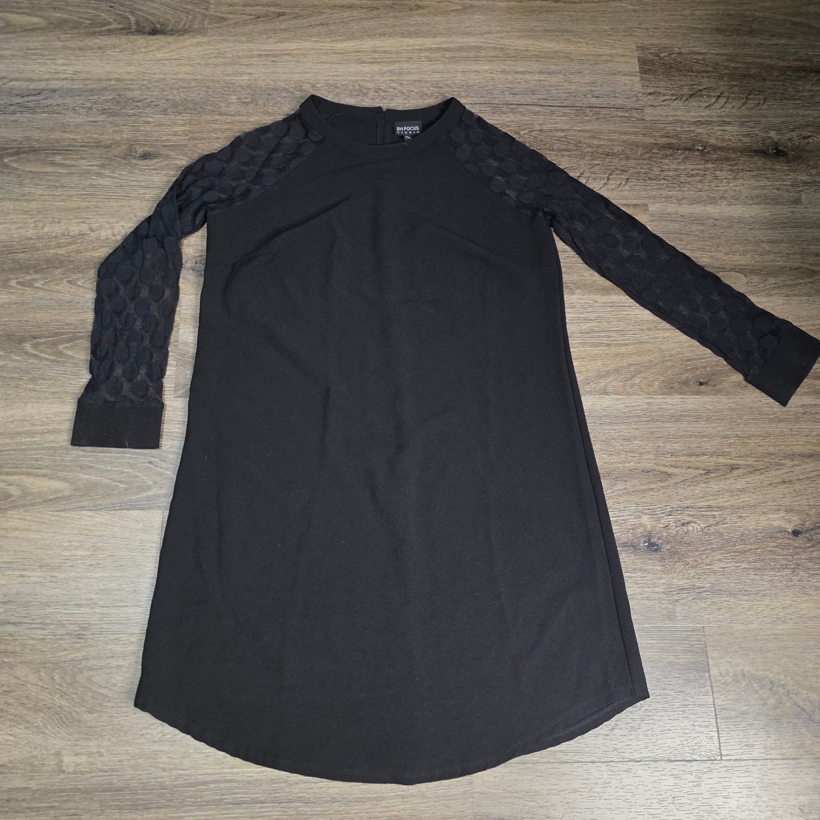 En Focus Studio Womens 8 Shift Dress Black Sheer Polka Dot Raglan Sleeve 4461