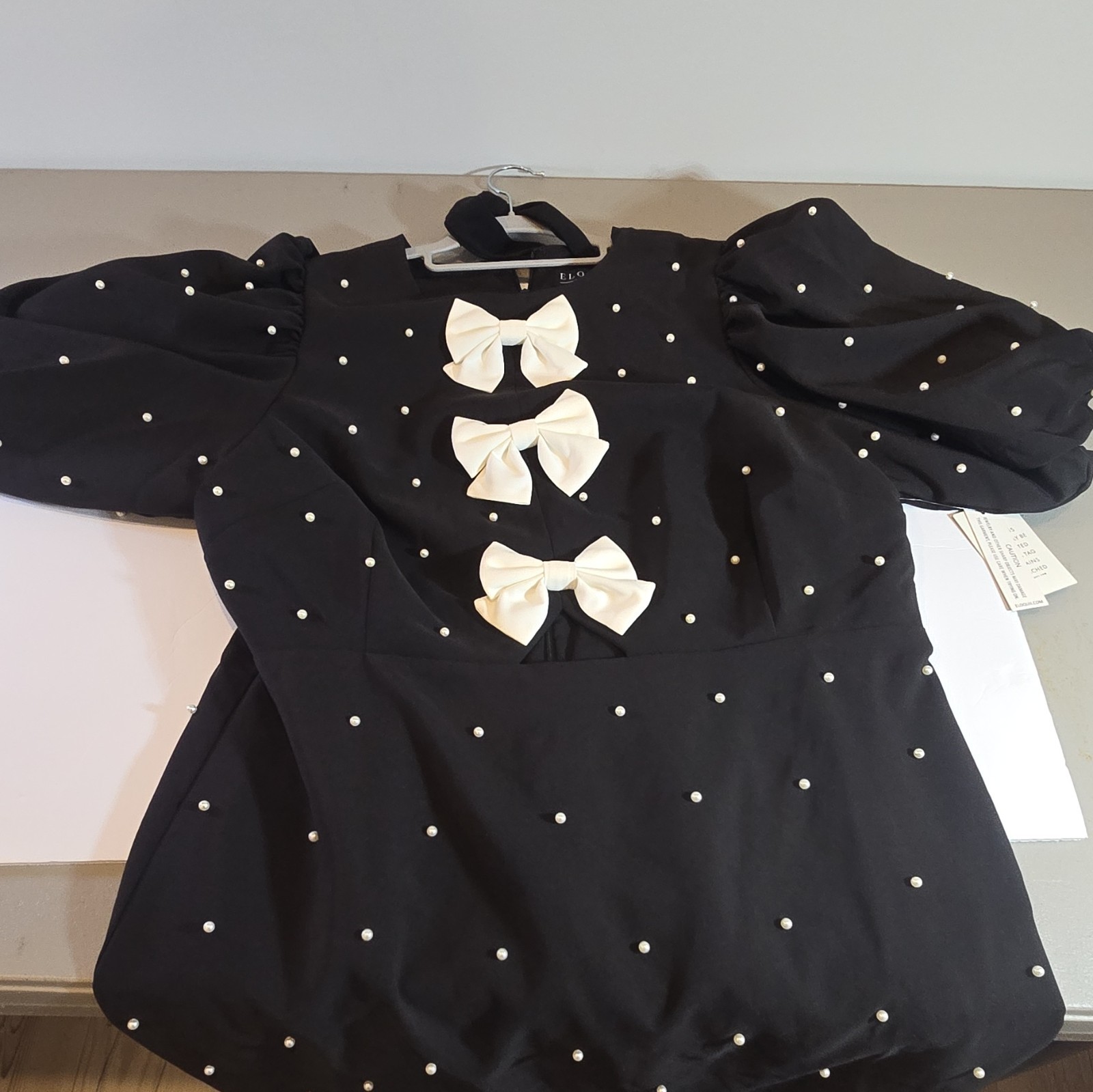 ELOQUII Women’s Size 14 Black Mini Dress Puff Sleeve Pearl Bow Square Neck