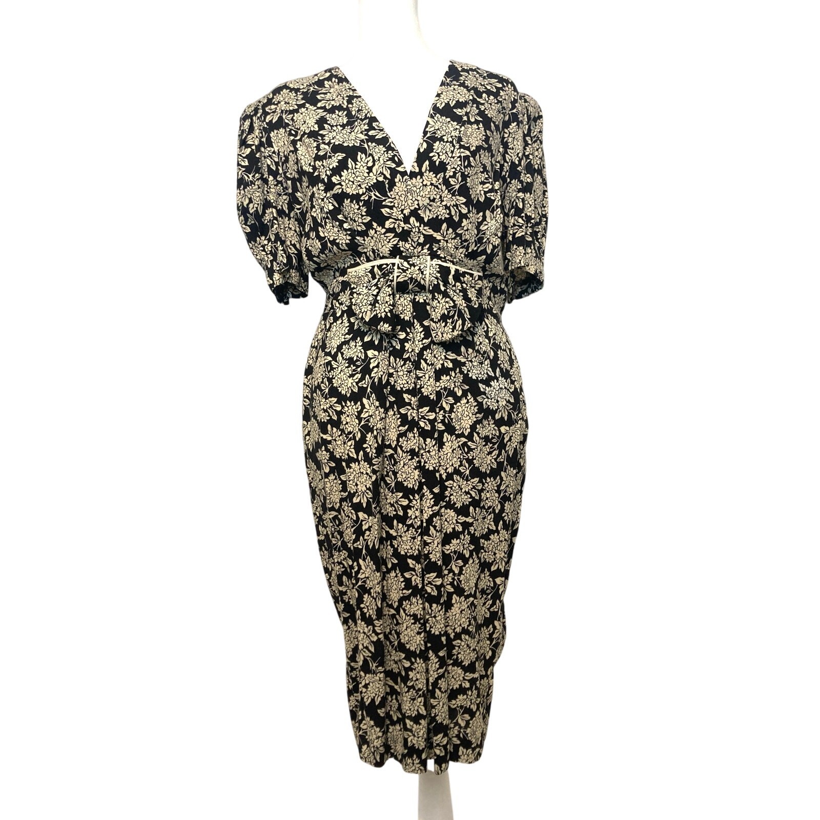 Vintage 80’s Jane Singer Black Ivory Floral Fit Shoulder Pads Bow Midi Dress 10
