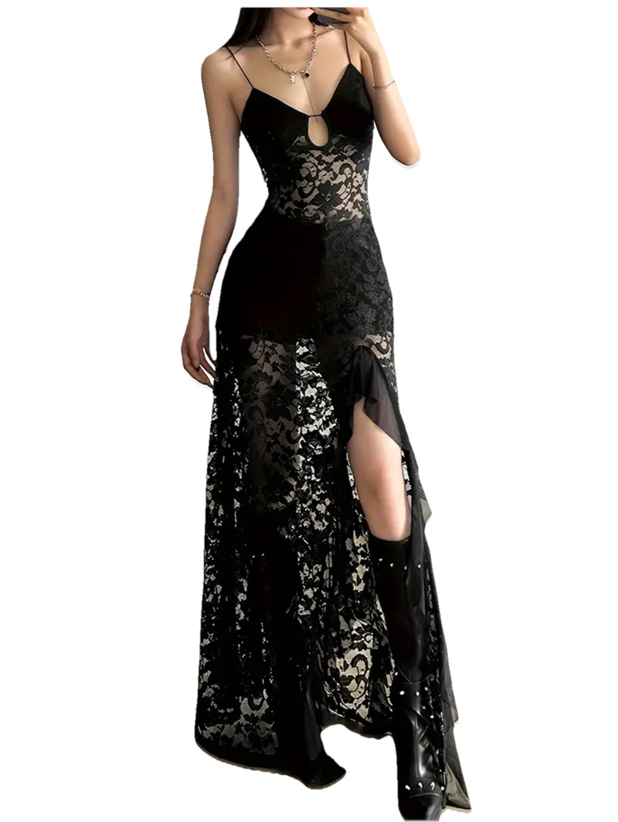 Black Mesh V-Neck Slim HIgh Waist Cut-Out Sexy Dress Size Medium (6)