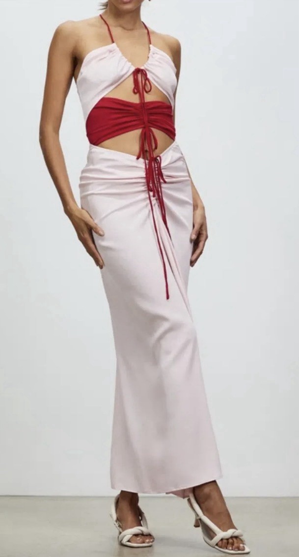 CHRISTOPHER ESBER Pink & Red Multi Panel Disconnect Ruched Maxi Dress AU 12 US 8