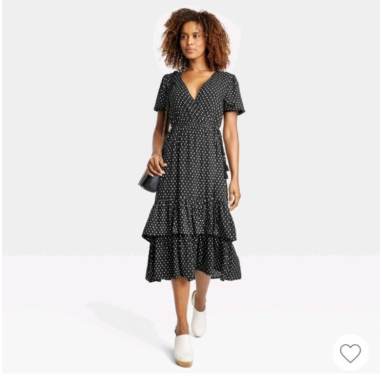KNOX ROSE Midi Ruffled Wrap Dress Women’s L Black White Gathered Waist Tiered