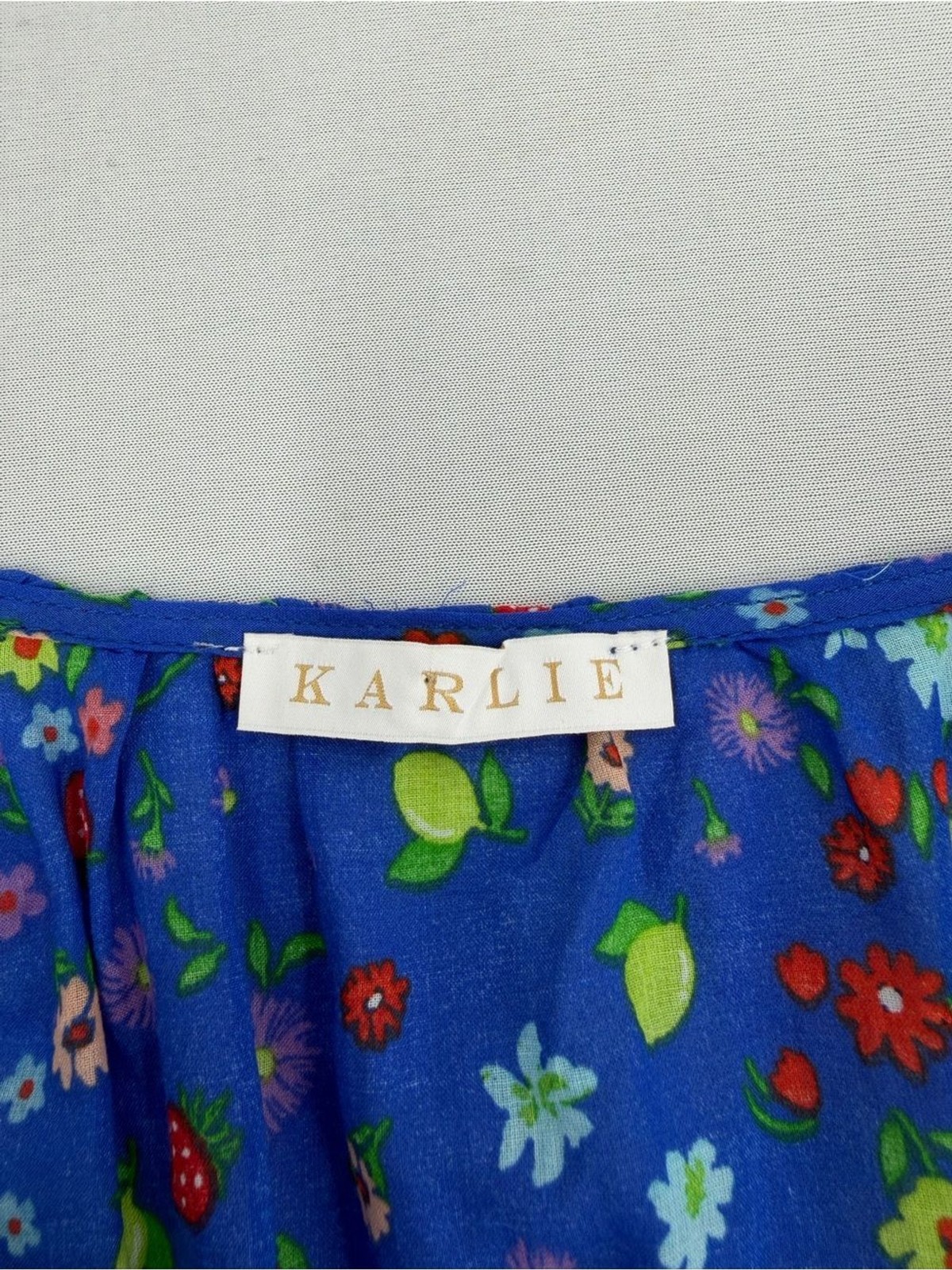 Blue Strawberry Floral Puff Sleeve Tiered Mini Dress L Cottagecore cotton euro