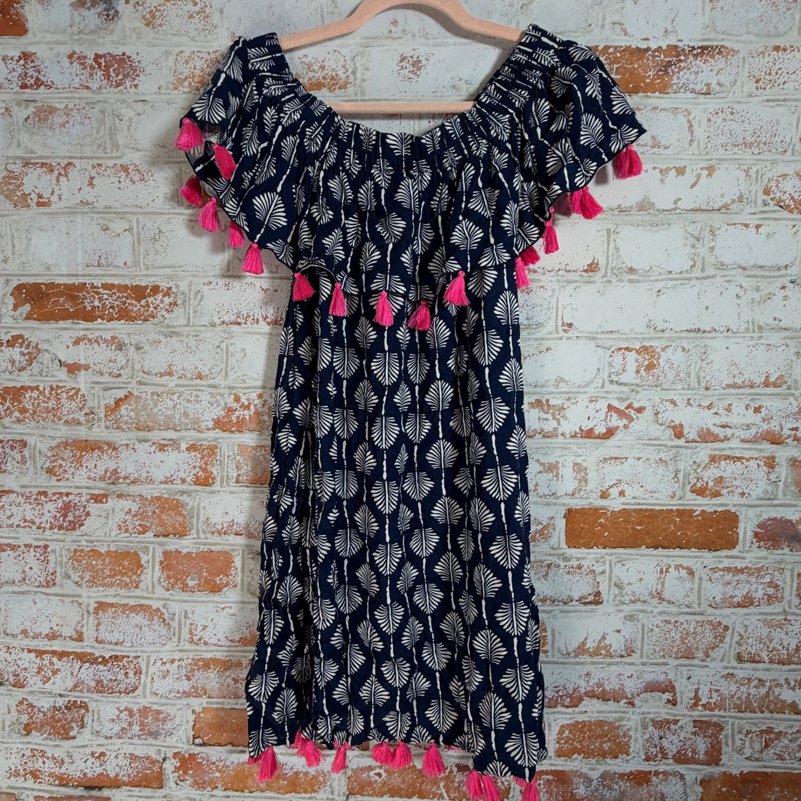 Escapada Living Dress Womens Medium Blue Excellent Tassel Off Shoulder Palm Leaf