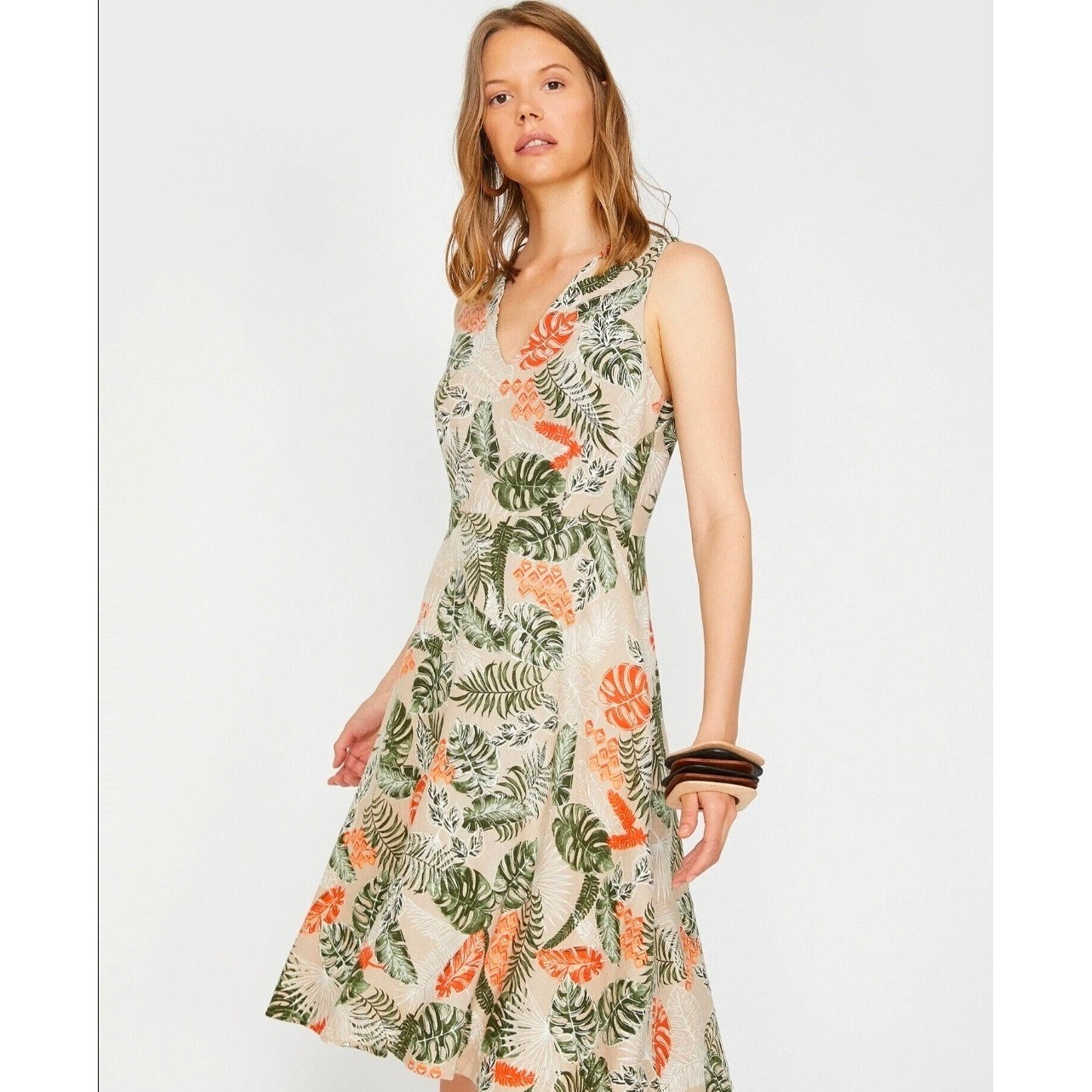 Koton Tropical Leaf Print Midi Dress Women EUR 38 US 6 Beige Green Orange V-Neck