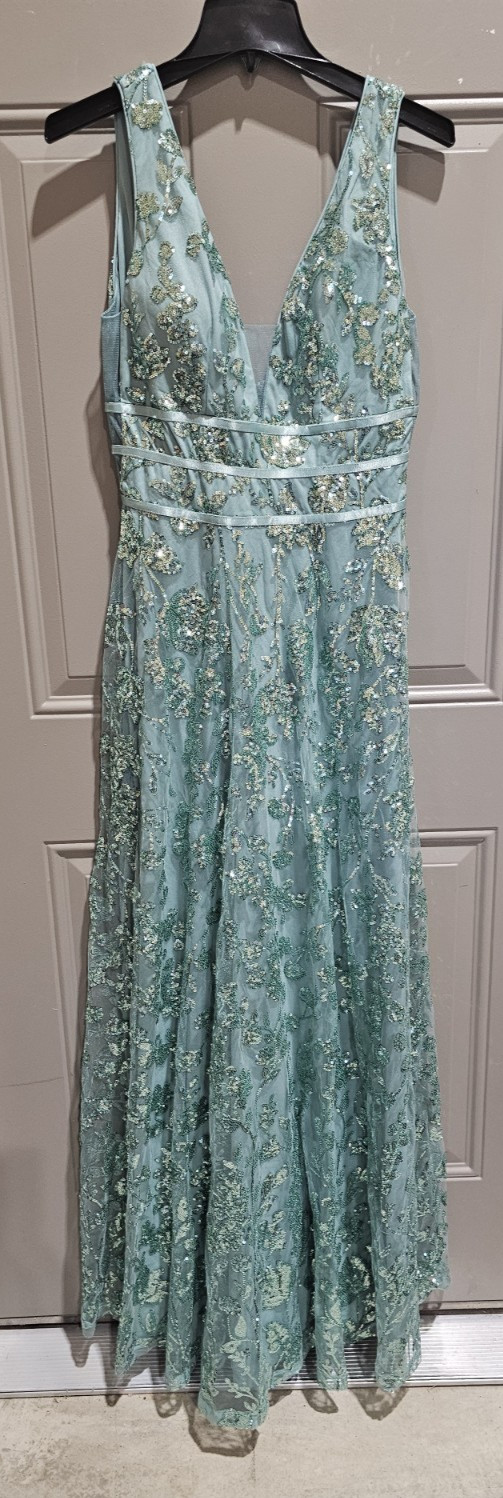 Faeriesty Sea Foam Green Sequin Floral Lace V-Neck Sleeveless Long formal Med