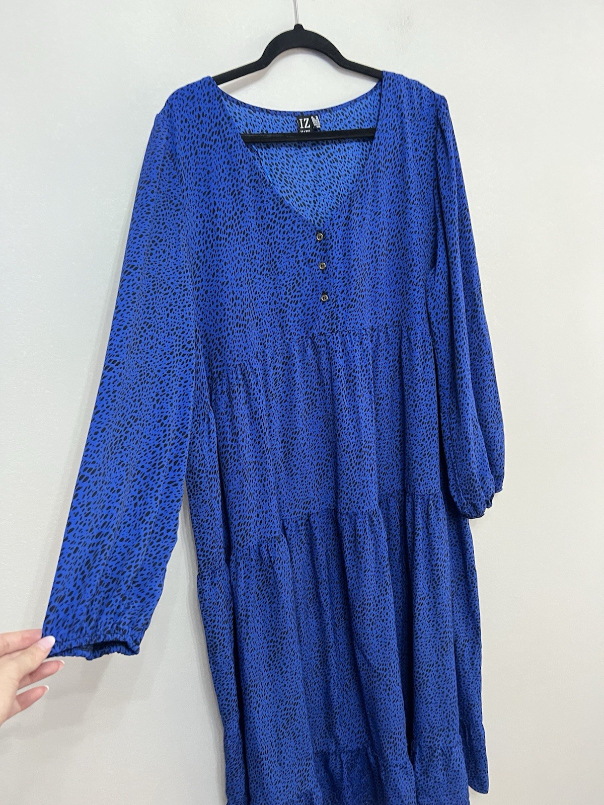 Izabel London Blue Tiered Dotted V Neck Long Sleeve Dress Size 18