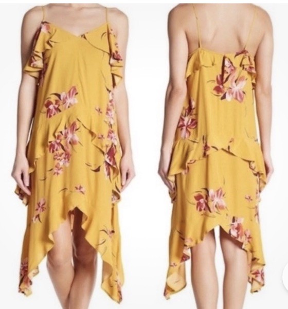 Free Press Ruffled Floral Midi Dress XS Pink Yellow Handkerchief Hem Peasant