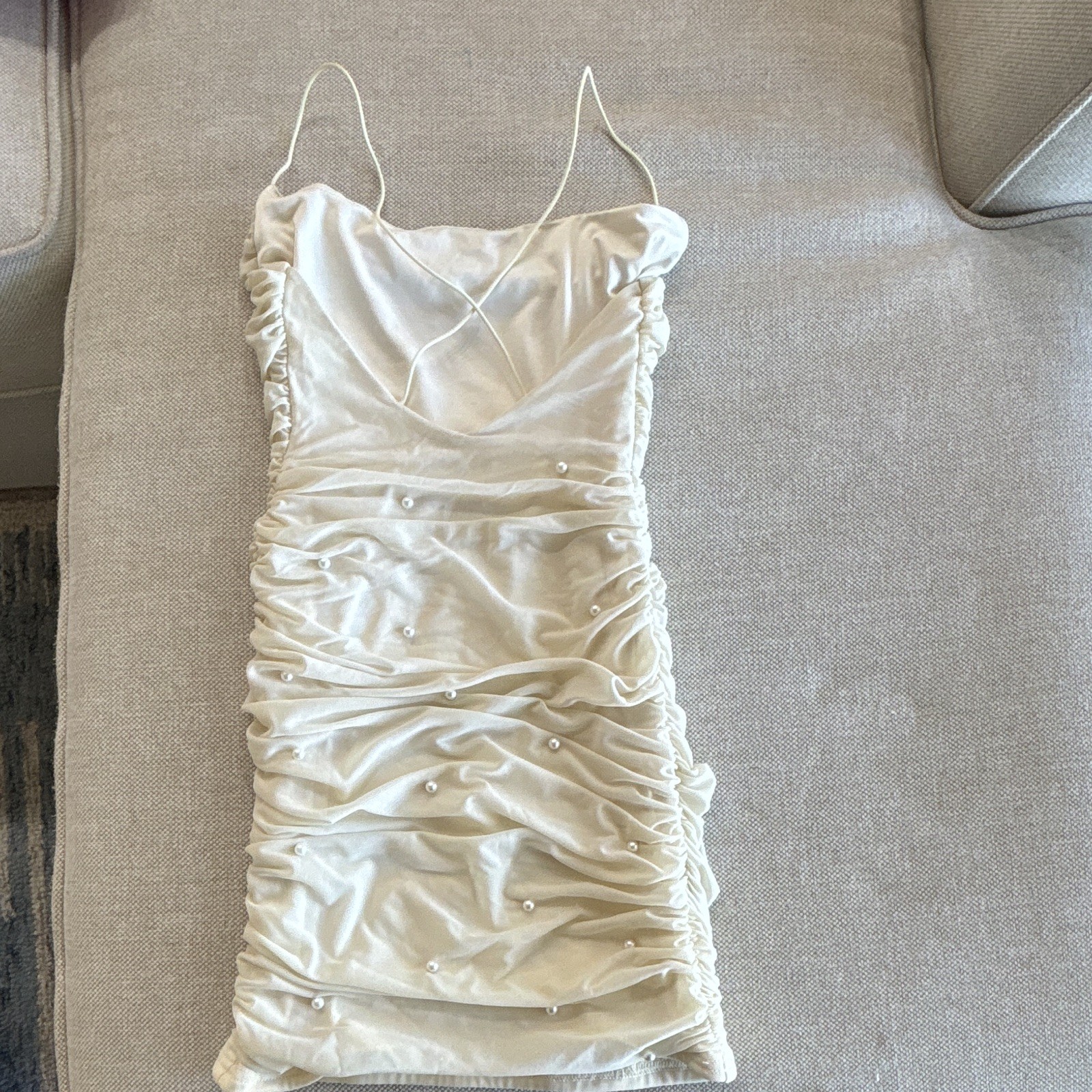 Steps Ivory Satin Ruched Beaded Spaghetti Strap Mini Dress, Women’s XS