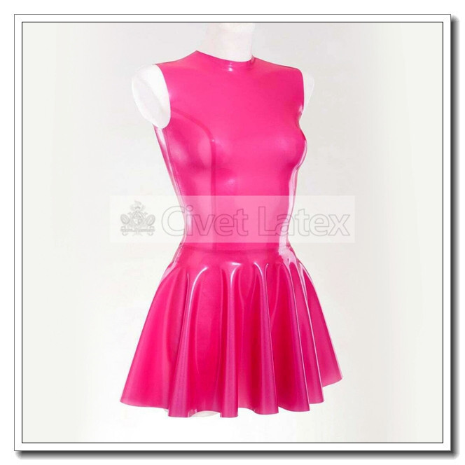 Latex Catsuit Dress Around Neck Sleeveless Pleated Skirts No Zip Hot Sold D66