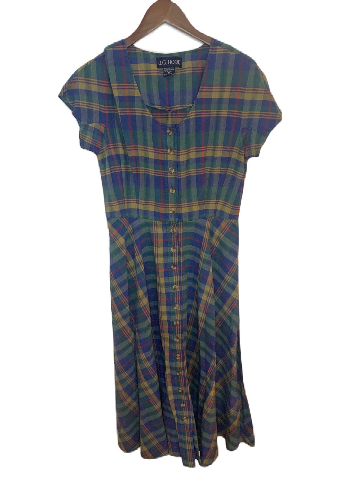Vintage JG Hook Maxi Dress Women’s Size 10 Madras Plaid Full Button 100% Cotton