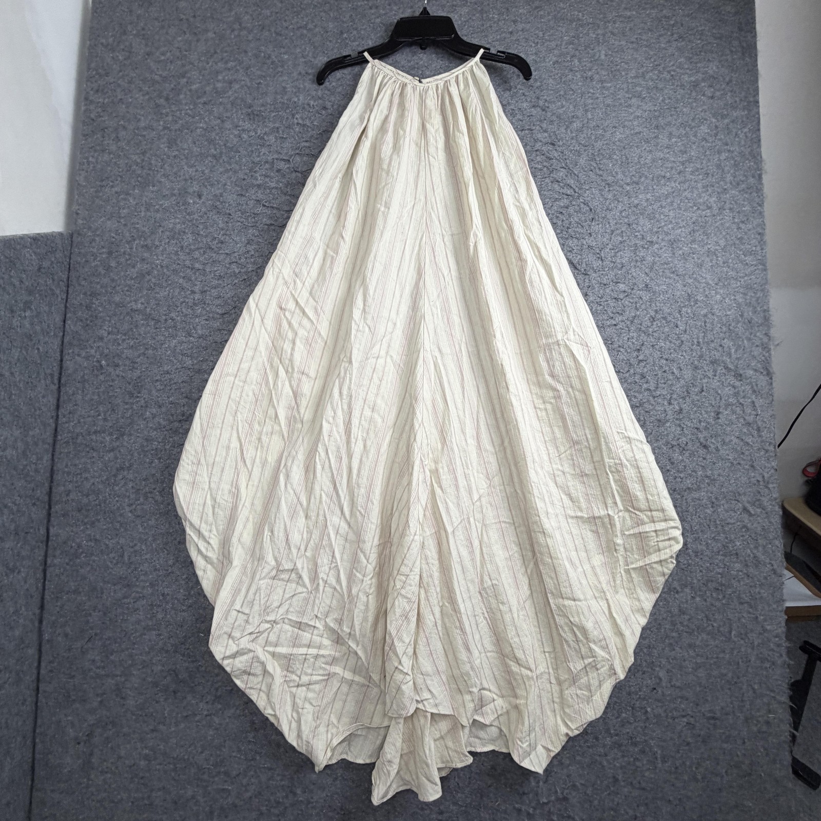 Zara Dress Womens XL White Stripe Halter Maxi Trapeze Boho Cotton Linen Sundress