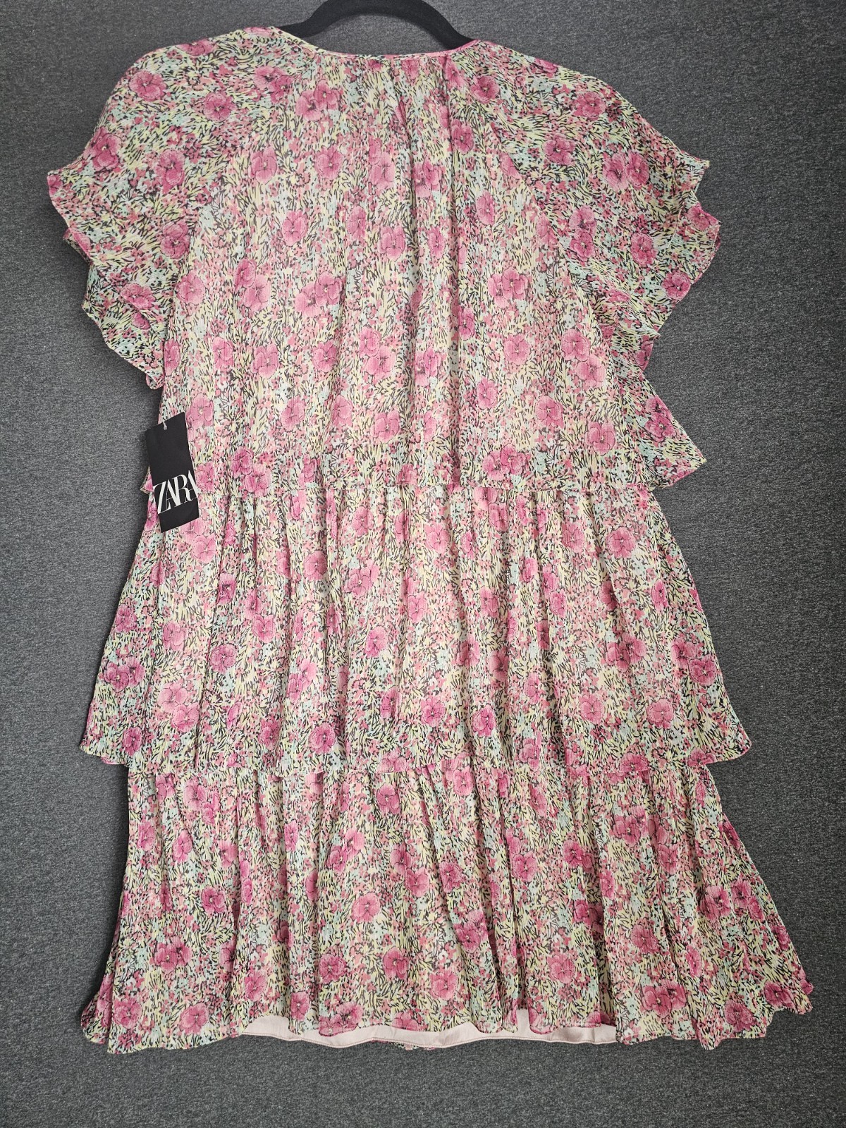 ZARA Pink Green Beige Floral A-Line Mini Dress V-Neck Ruffle Tie Short S