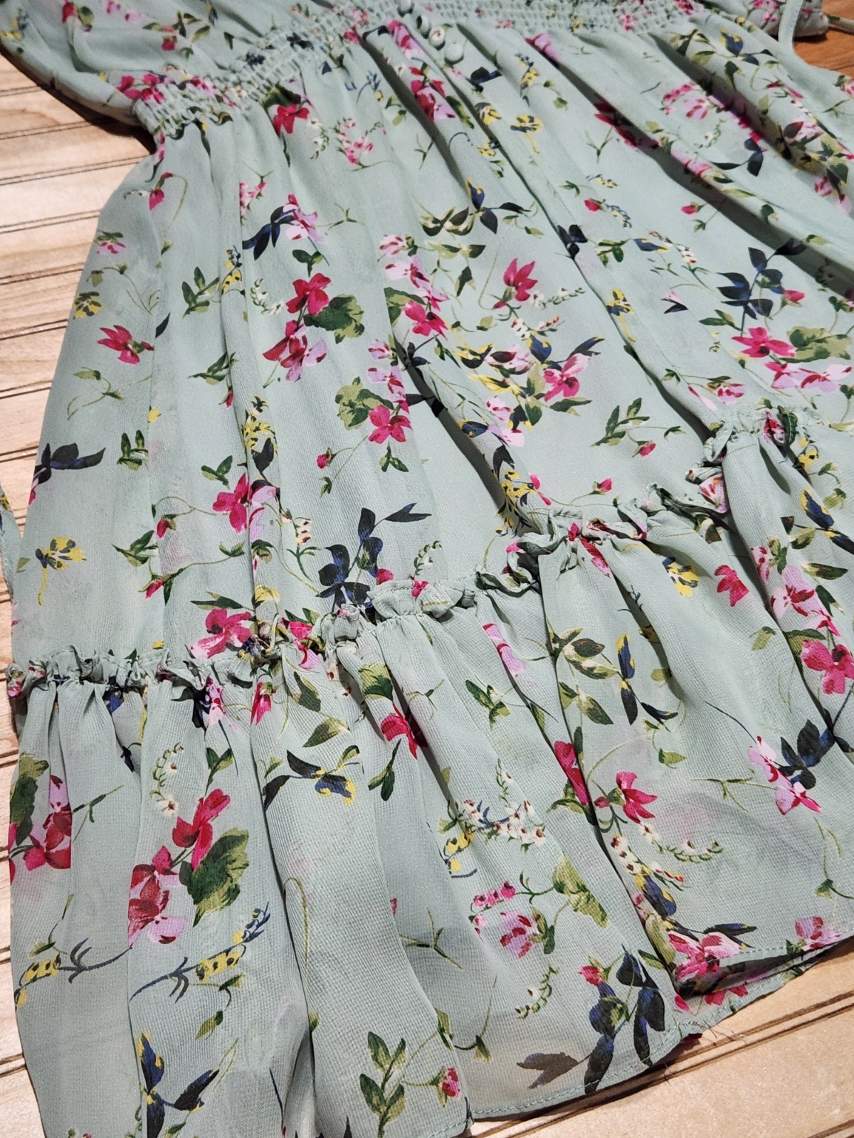 Taylor Sage Green Floral Smocked Tiered Dress sz16 Boho Romantic Sheer Garden