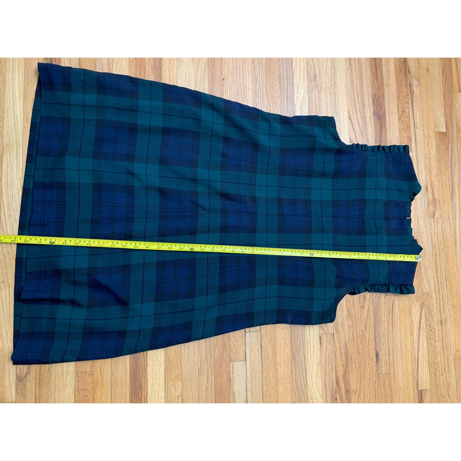 J.Crew Black Watch Plaid Ruffle Neck Shift Dress Green Blue Tartan Size 18