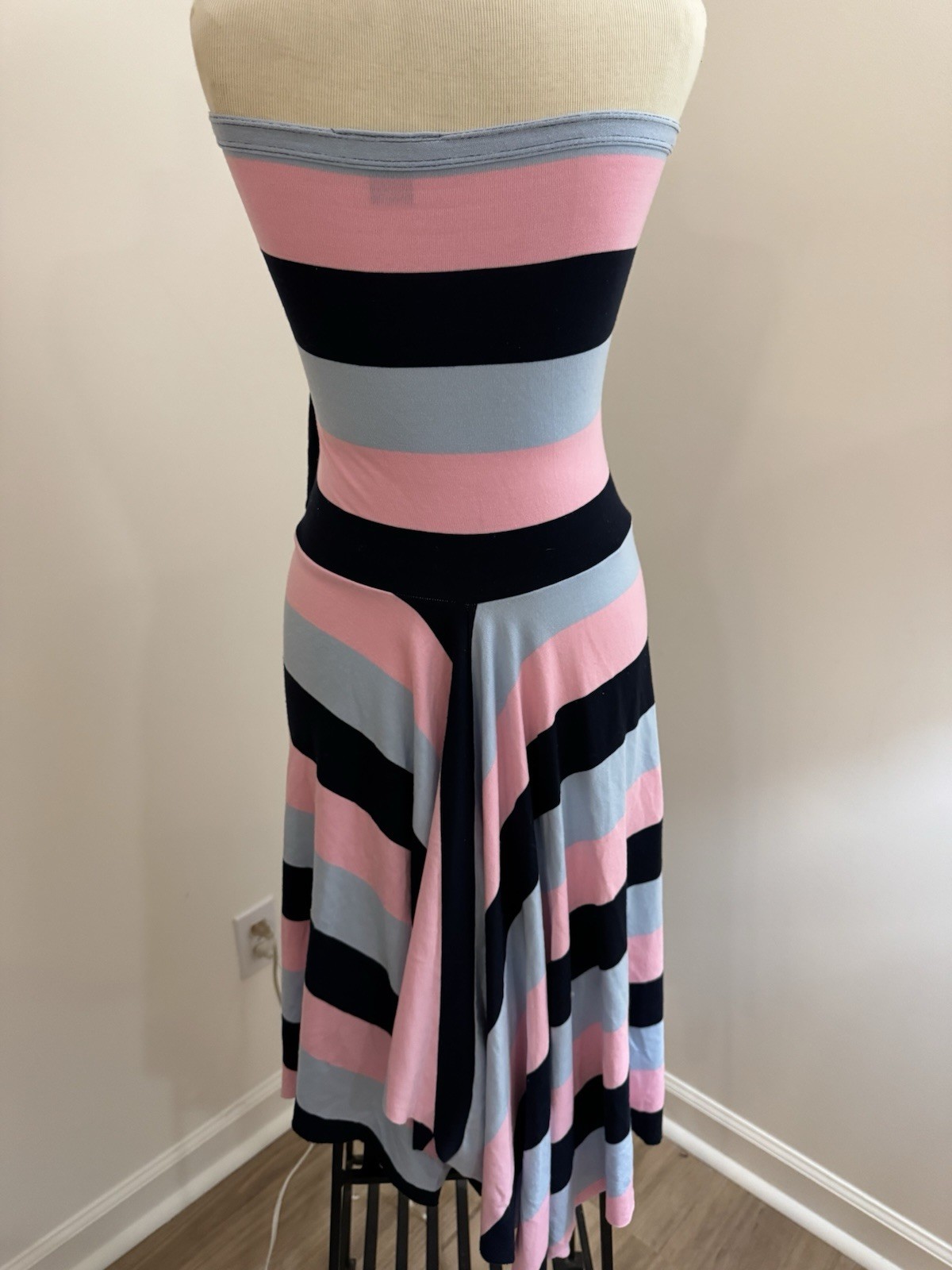 Tiffany Alana Strapless Pink Blue Black Striped Dress Sleeveless M/L Vintage Y2K