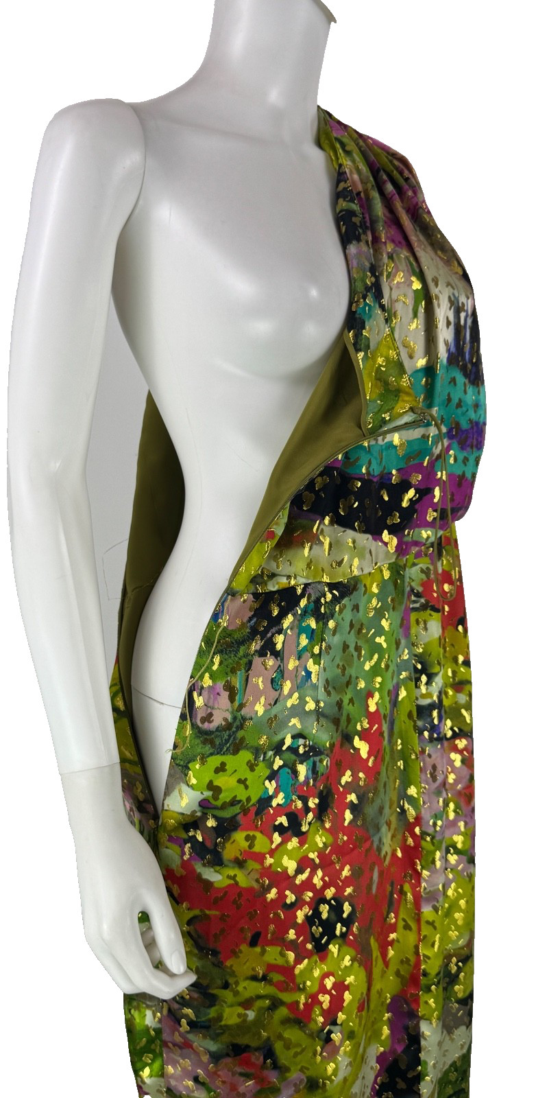 Naeem Khan One Shoulder Resort Midi Silk Dress 8 US 44 IT M Green Gold Belted
