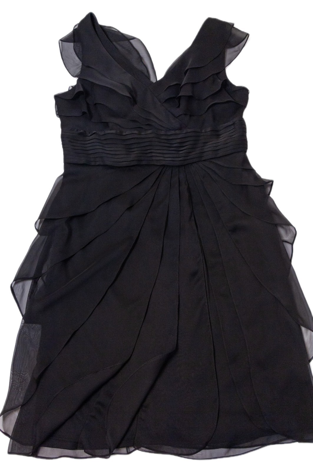 Adrianna Papell Black Chiffon Cocktail Dress Pleated Ruffle Knee Length US 16