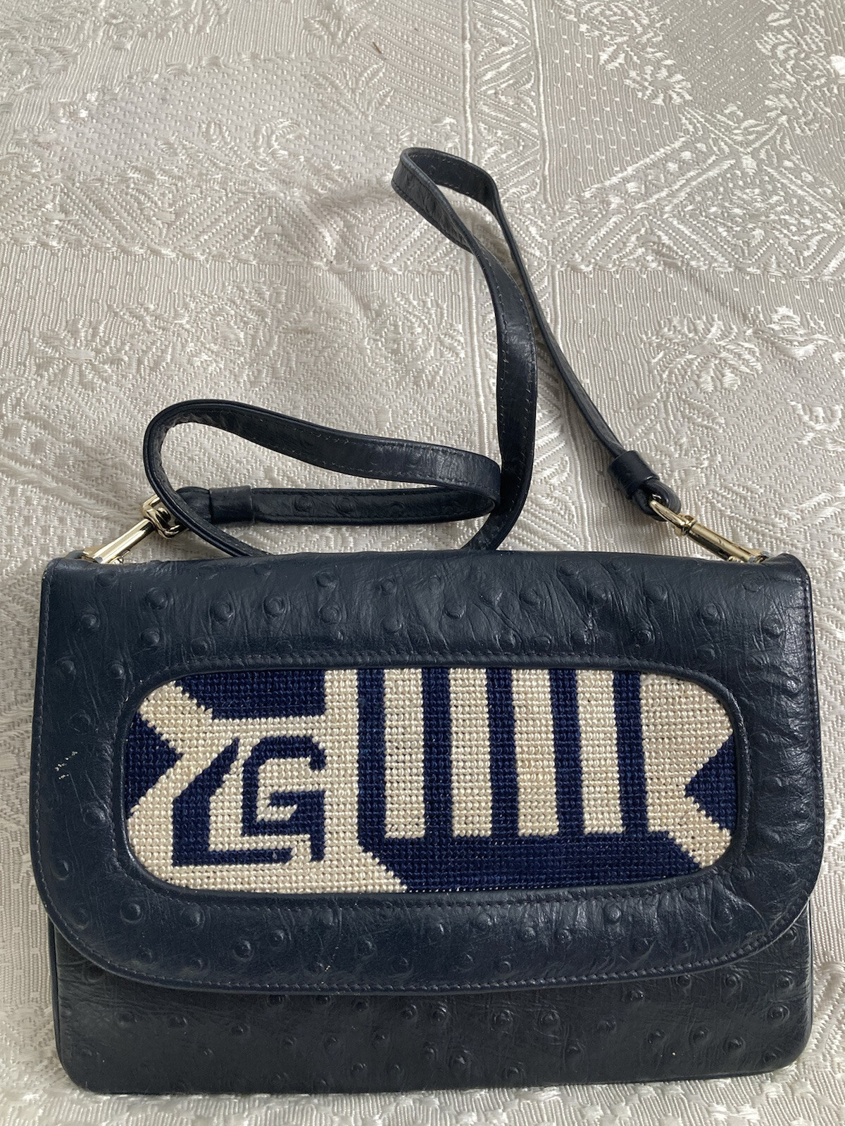 Vintage Ostrich Navy Blue With White LG Animal LOGO Shoulder Bag Handbag