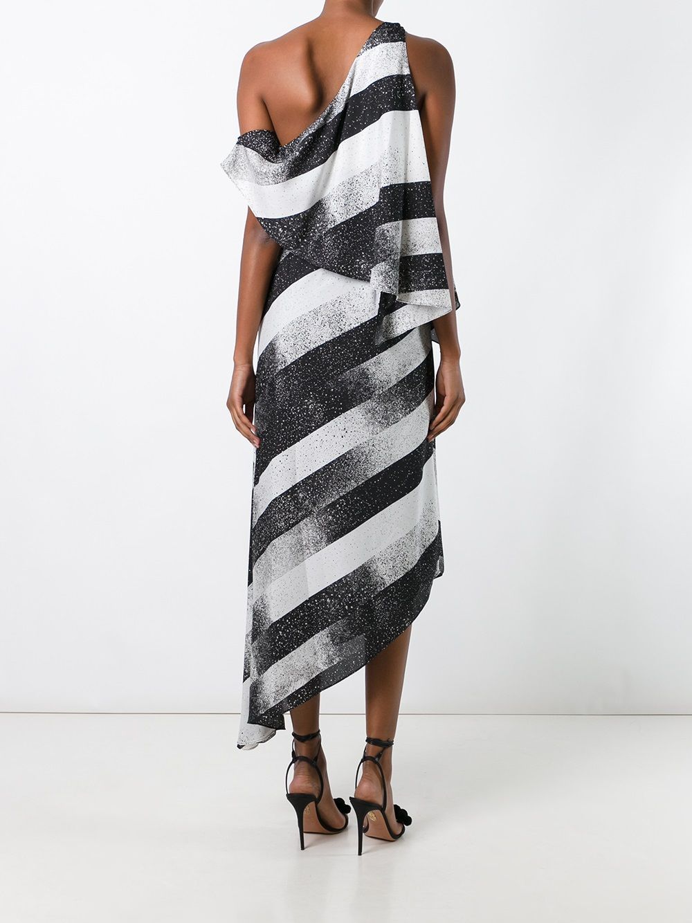 HALSTON HERITAGE Black White Stripe Print One Off Shoulder Cocktail Dress 0 = XS