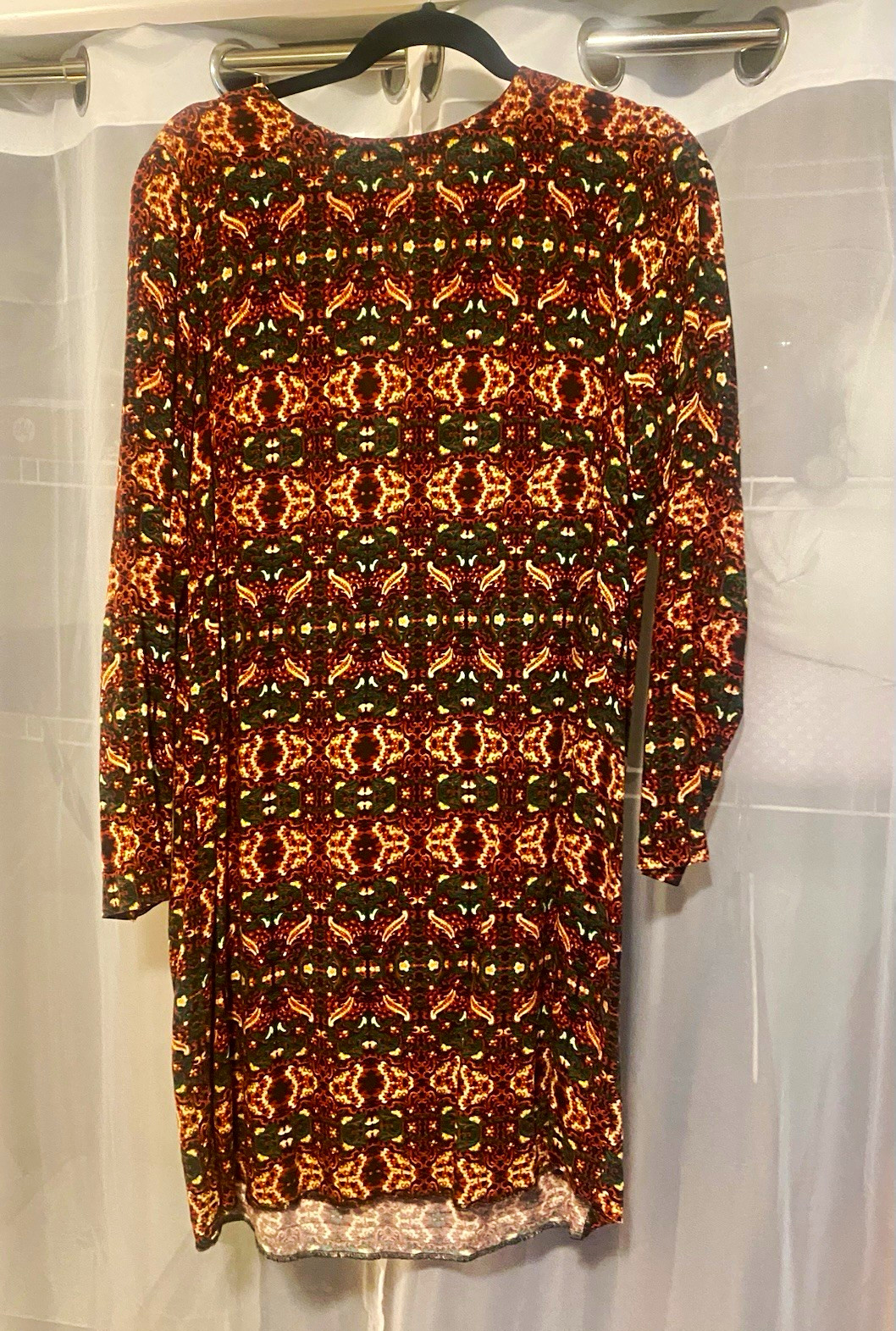LuLaRoe Geometric Knit Shift Dress Lace Accents Round Neck Long Sleeve M