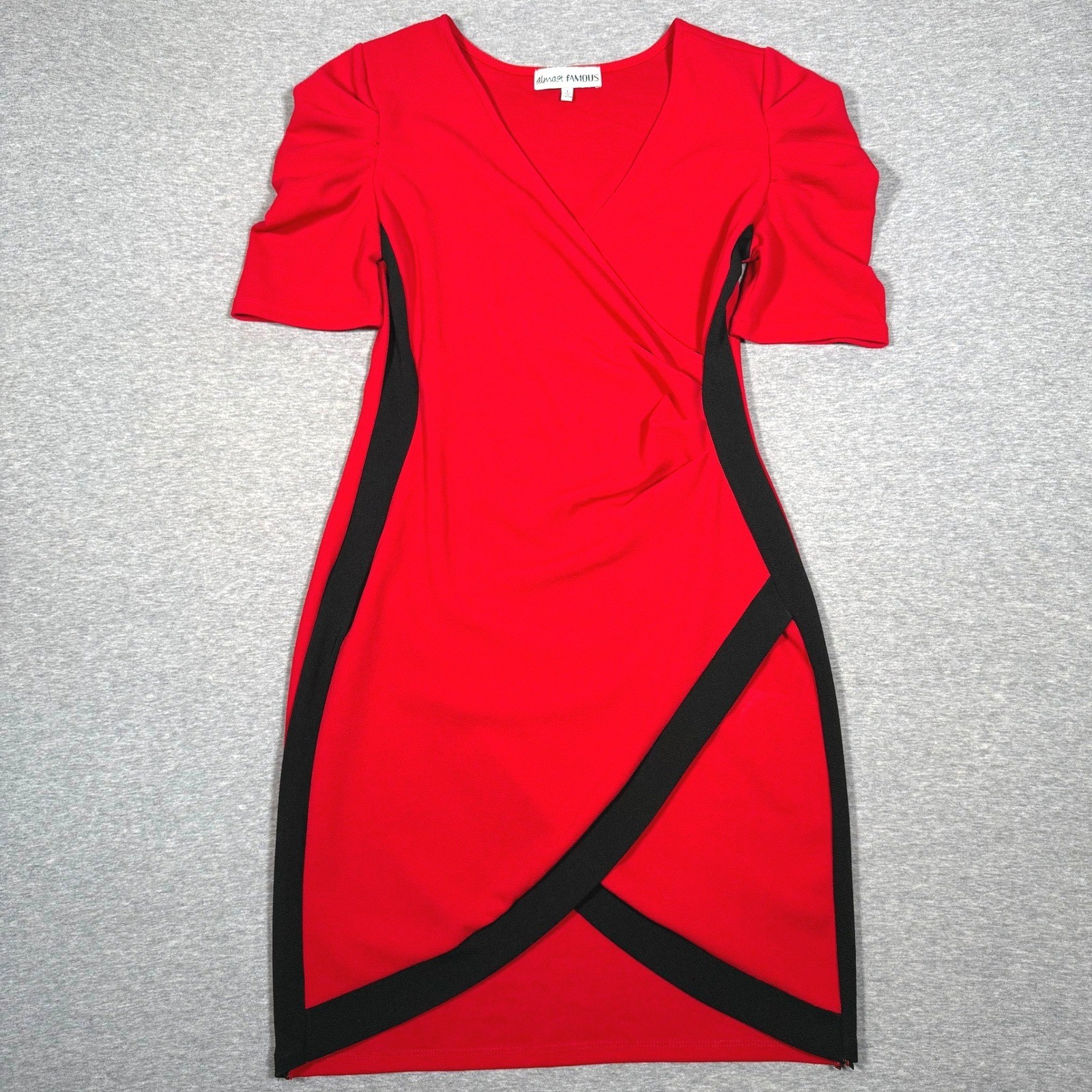 Almost Famous Red Black Colorblock Wrap Bodycon Dress Puff Sleeve Womens Large