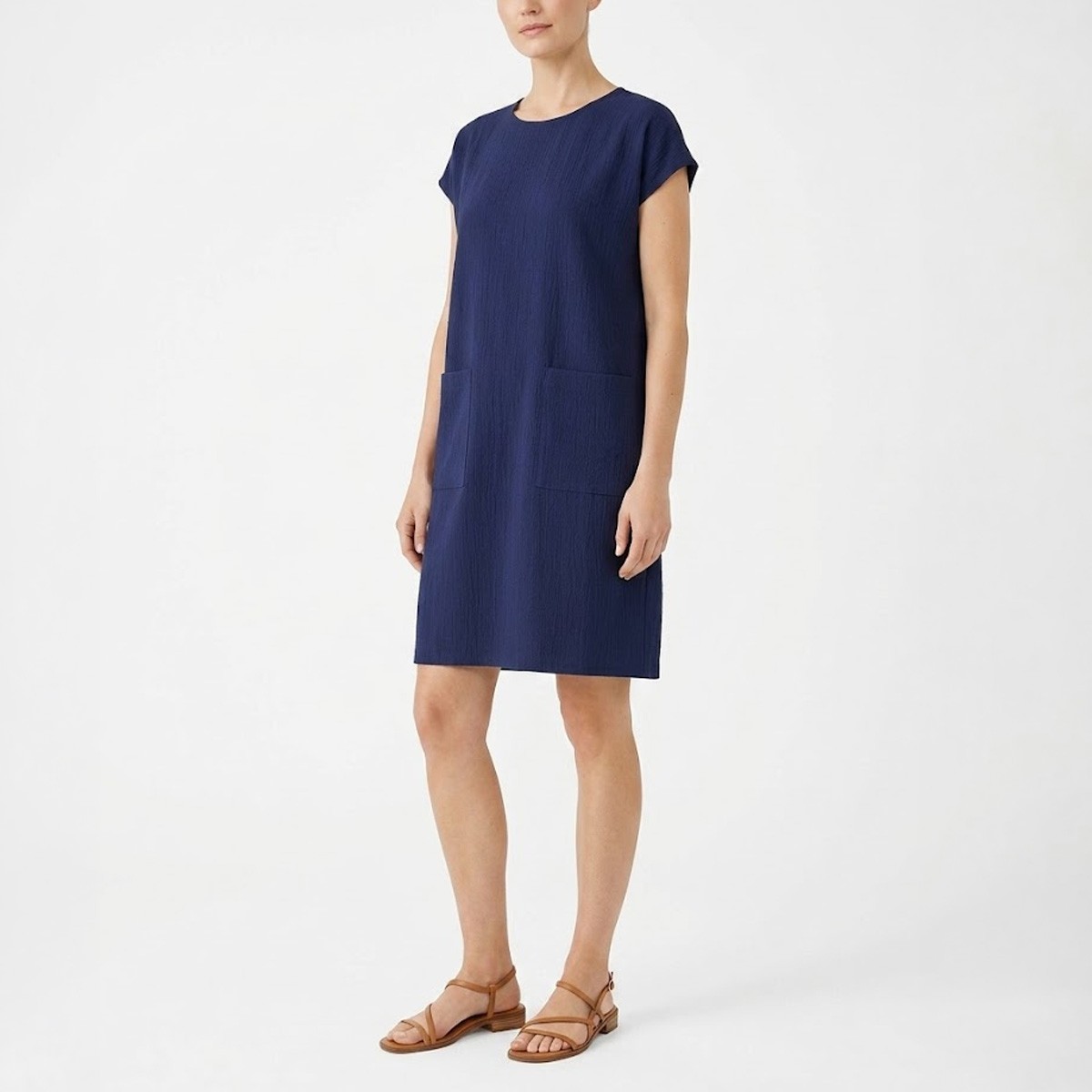 Eileen Fisher NWT Organic Cotton Pucker Round Neck Dress, Deep Dive, Size PP-3X