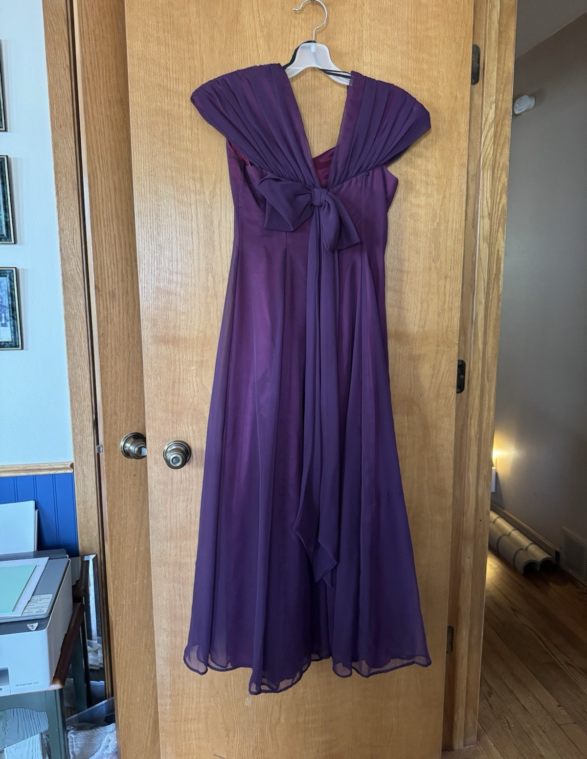 Prom dress Women’s Purple Chiffon V-Neck A-Line Midi Dress Lined Bow Pleated S