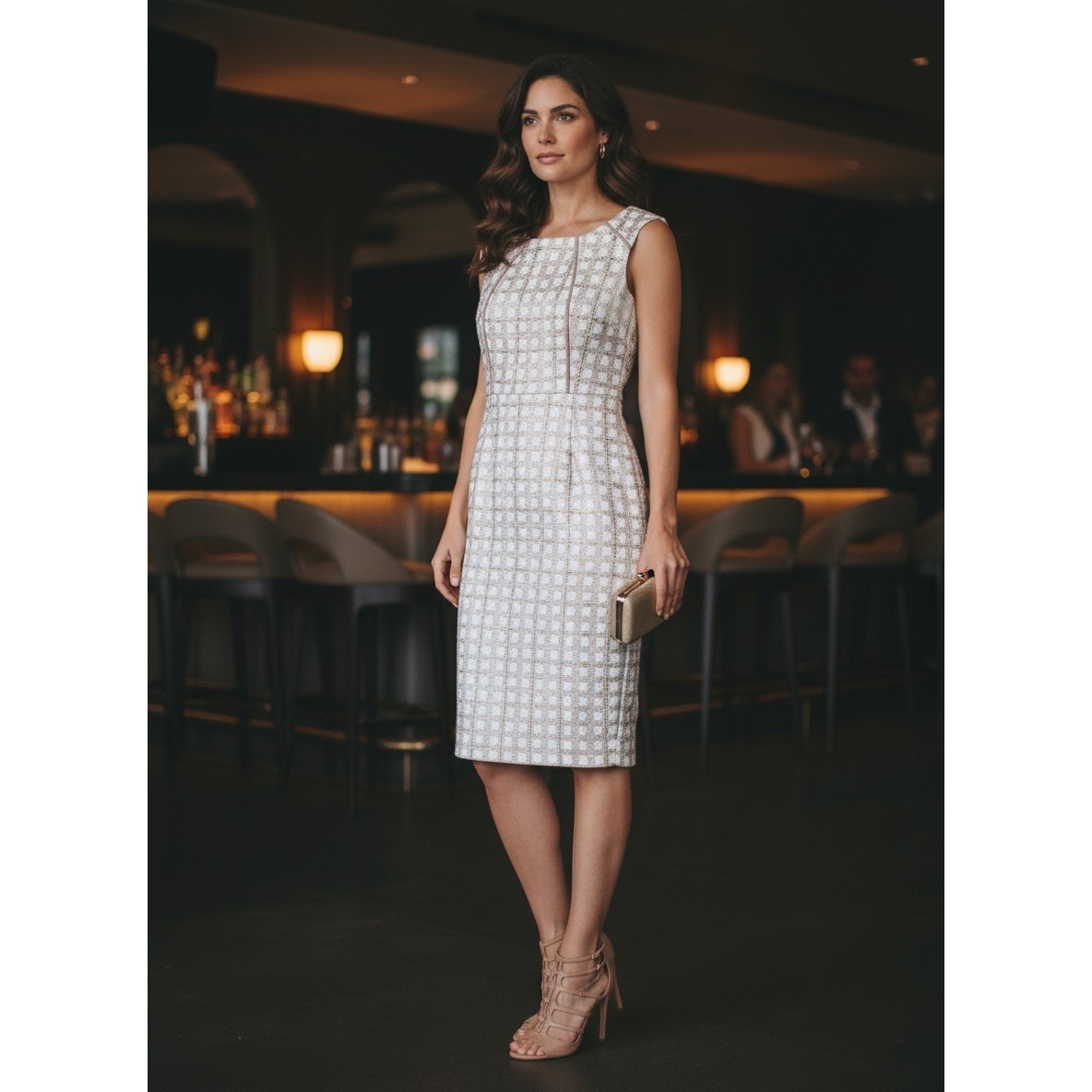 Enfocus Studio Sheath Dress Womens Size 4 Cream Rose Gold Metallic Plaid