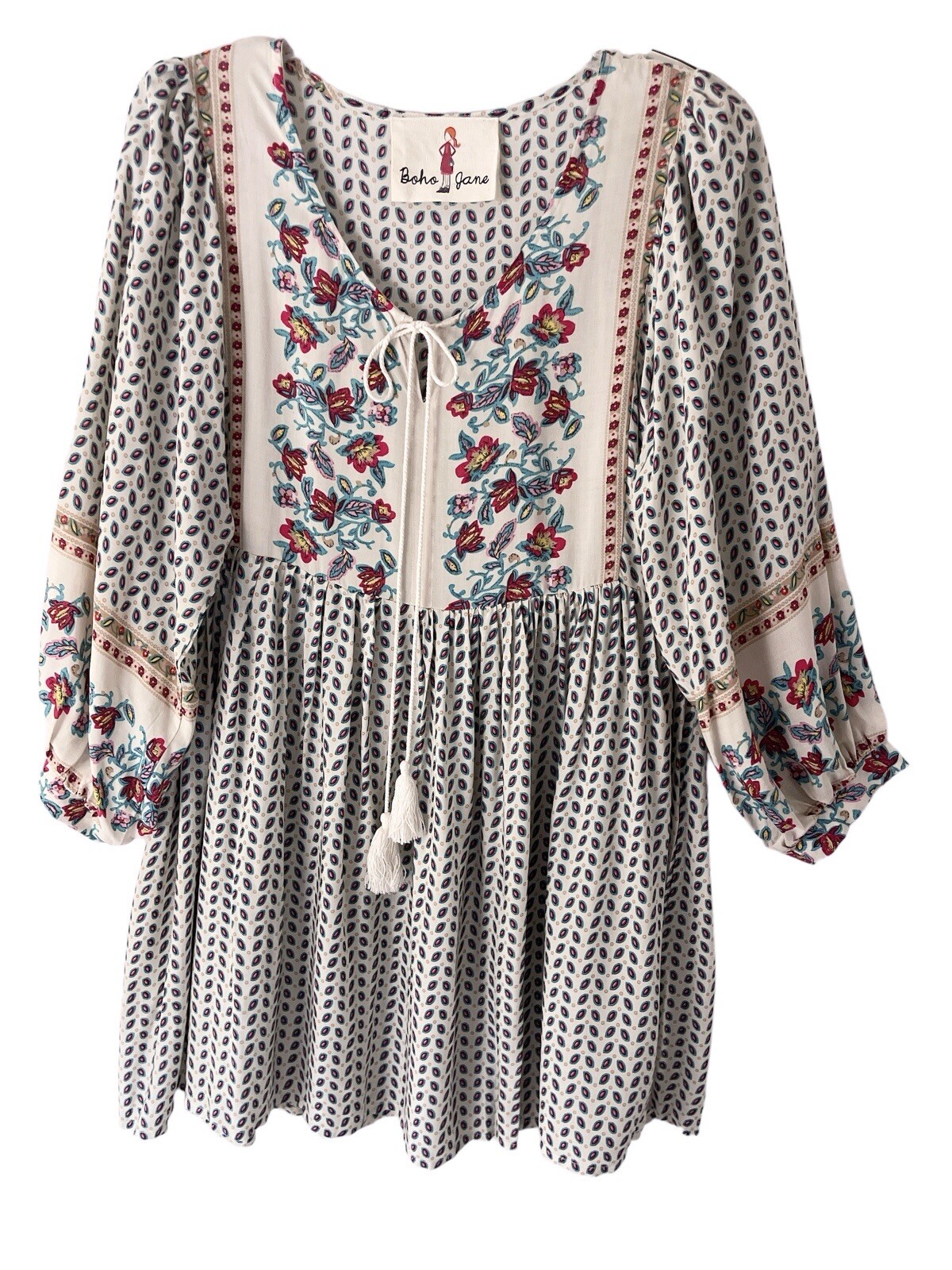 Boho Jane Dress Women S V Neck Tassel Cottagecore Peasant Floral Long Sleeves