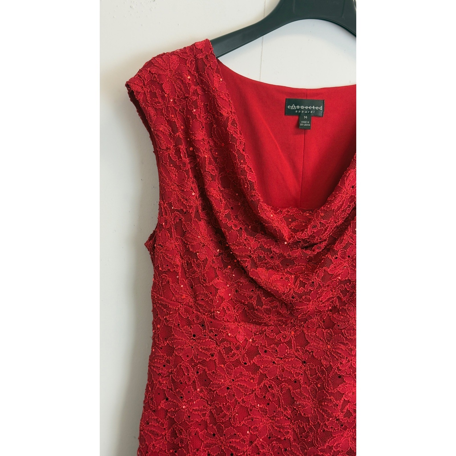 Connected Apparel Red Lace Sequin Cowl Neck Ruched Sheath Dress Womens 14