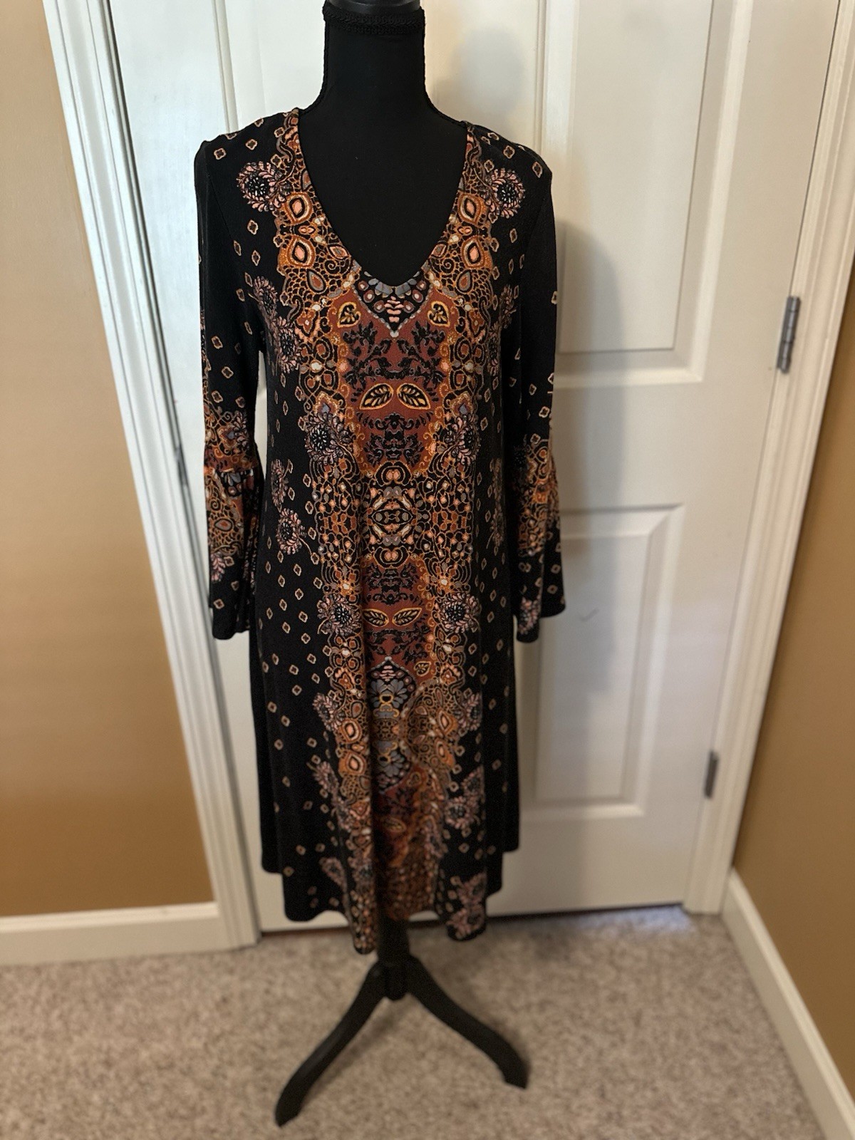 New Directions Black Longsleeve Dress With Rust And Orange Paisley Accent Size M