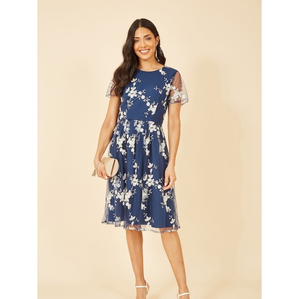 Yumi Embroidered Floral Skater Dress Navy Gold Mesh Midi Dress US 12 NWT