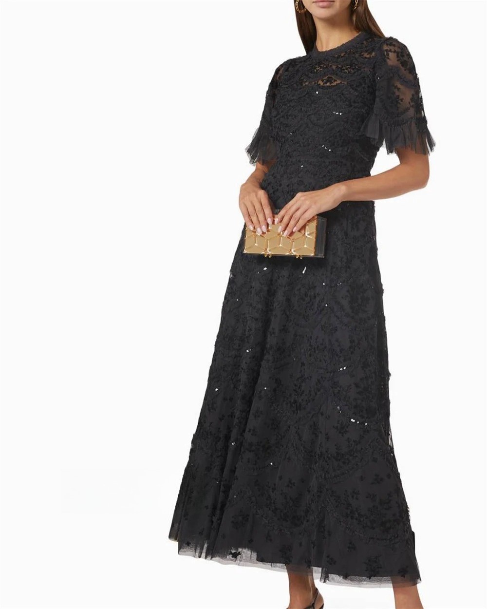 Casual Lace Applique Evening Gown with Sequins A-line High Neck Prom Ball Dress