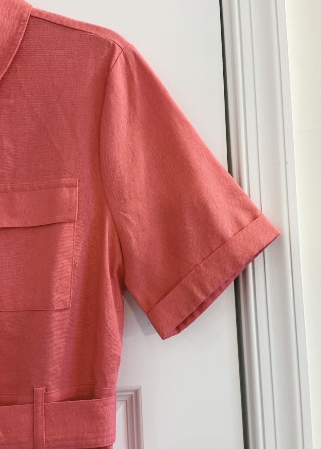 Linen Blend Button Front Shirt Dress Coral Belted Size M NEW