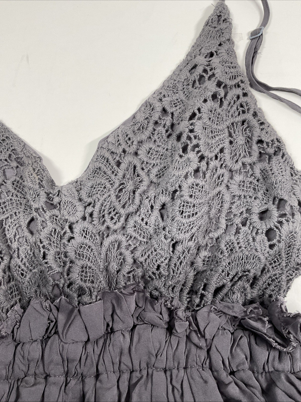 WISHLIST Maxi Dress Large Gauzy Gray BOHO Flowing Crochet Fairy Empire Waist