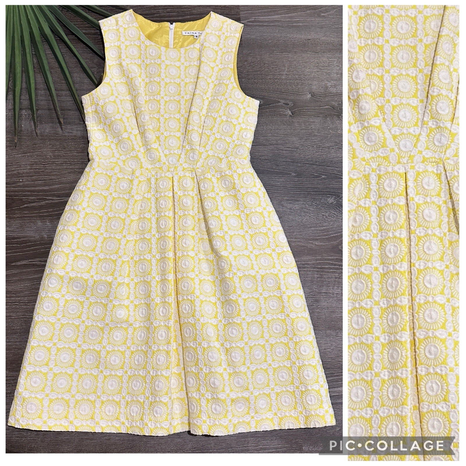 Trina Turk Womens Dress Sz 8 Brocade Yellow Pleated Fit Flare Sleeveless Floral